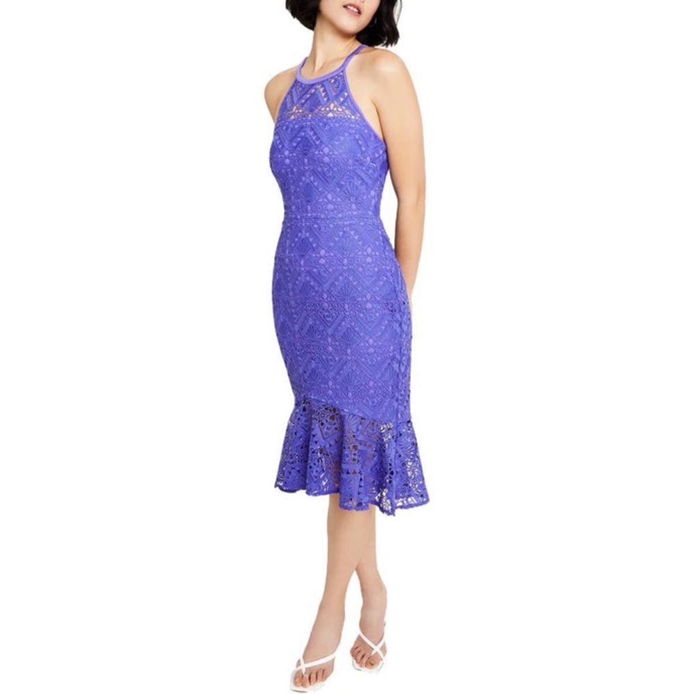Guess Blue Ruffled Halter Sheath Midi Dress